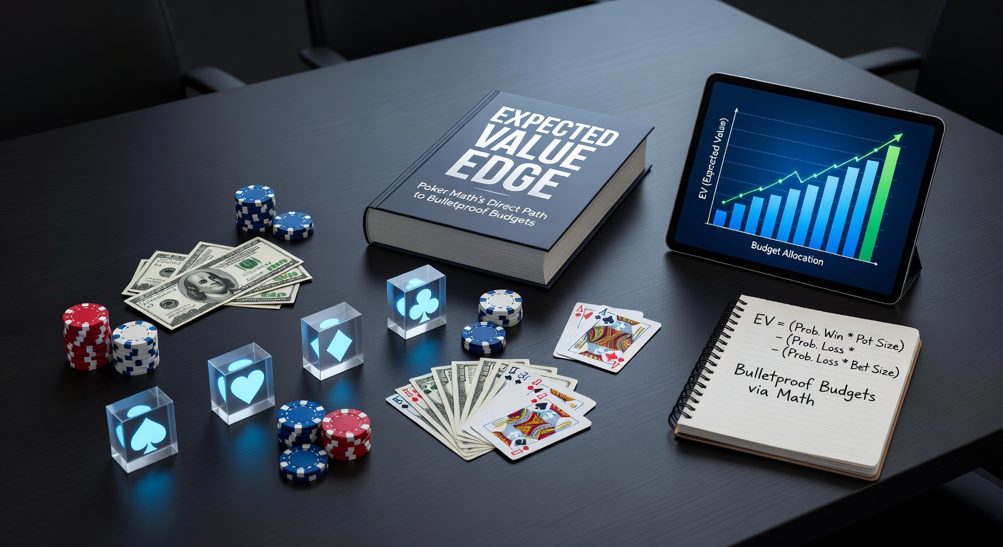 Poker player calculating odds at a table overlaid with financial charts and budget trackers showing positive expected value calculations