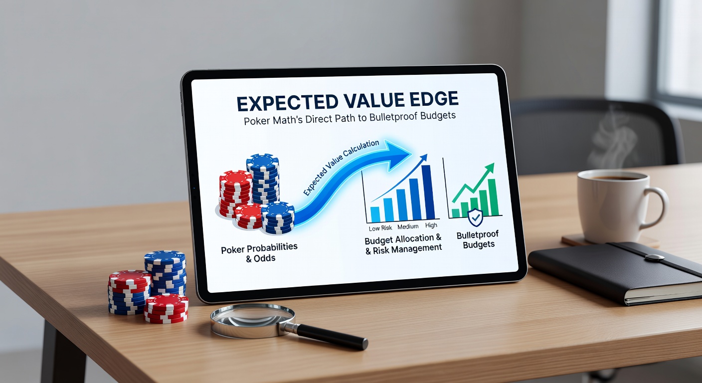 Spreadsheet graphic illustrating EV calculations for budget categories like groceries, investments, and emergency funds with poker equity charts in the background