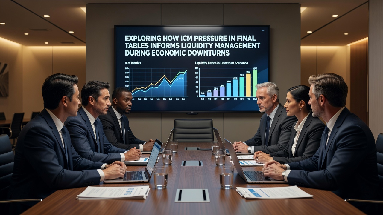 Poker players at a high-stakes final table analyzing stack sizes and payout structures under tournament pressure