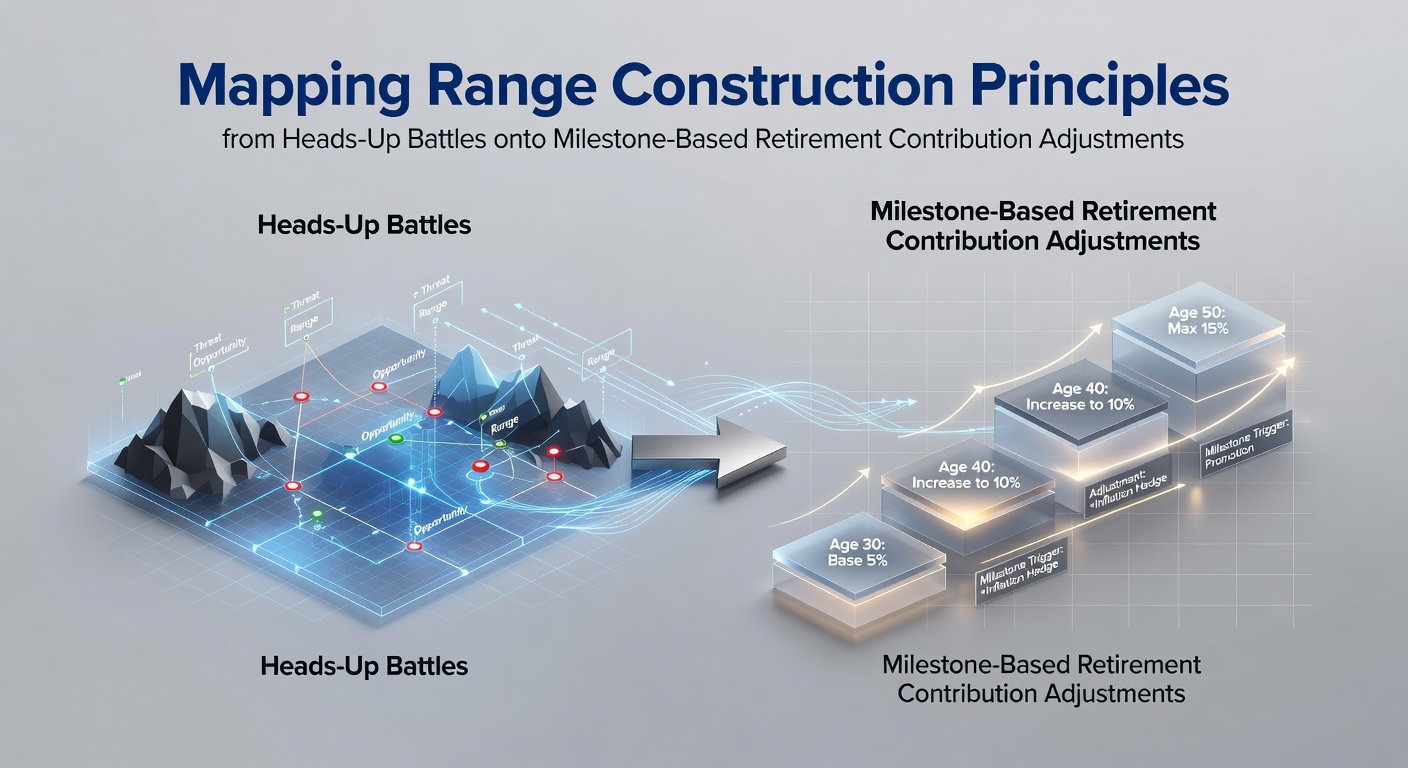 Illustration showing poker range construction mapped to retirement contribution milestones with charts and cards