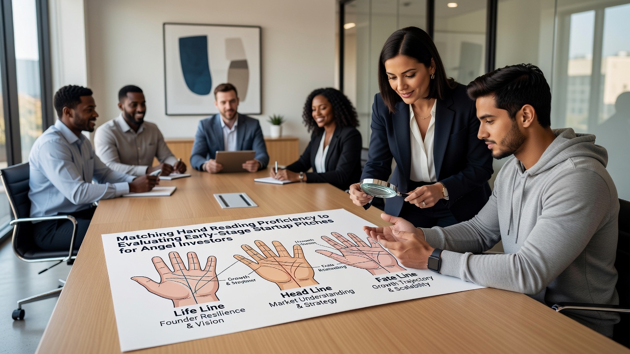 Angel investor reviewing startup pitch deck with overlaid poker range analysis notes