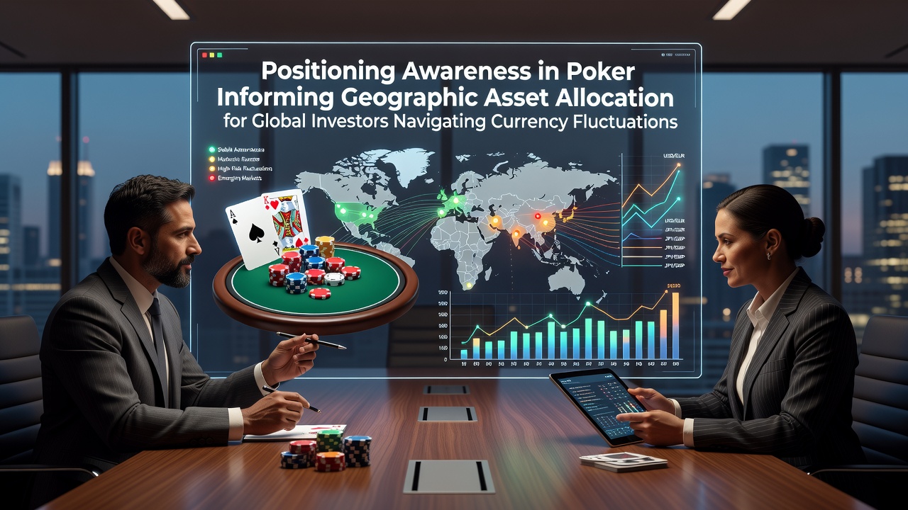 Poker table positioning diagram overlaid with global financial market map showing currency zones and asset allocation flows
