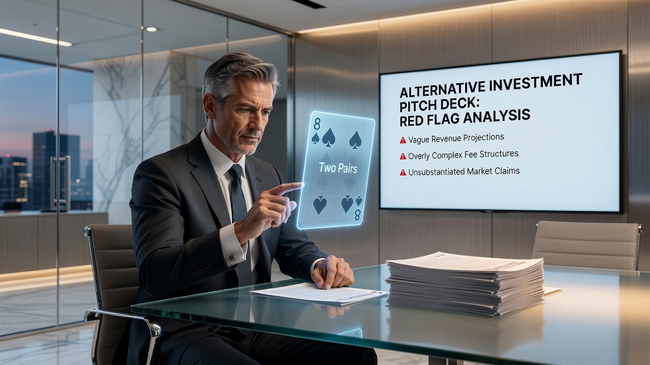 Close-up of investment pitch deck pages with highlighted sections and poker chips scattered nearby